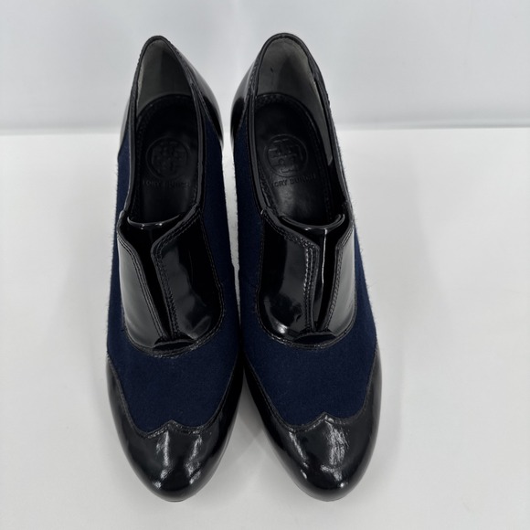 Tory Burch Black Navy Leather Block Heel Ankle Women Bootie Size 6.5 Wingtip - Picture 3 of 13